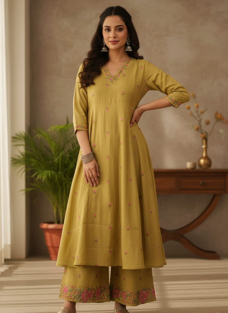 Woman wearing a green traditional outfit with floral patterns indoors.