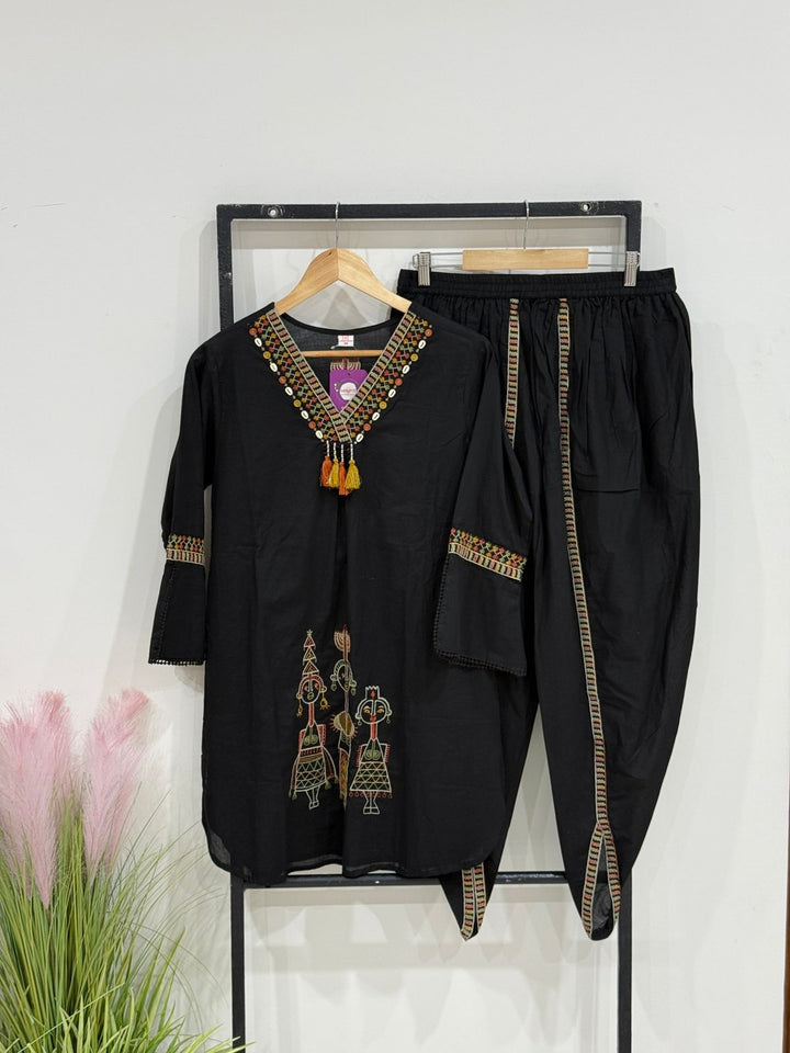 Black Cotton Top with Dhoti Set | Ethnic Fusion Wear | Embroidered Kurti Dhoti Set | Sizes 38-44