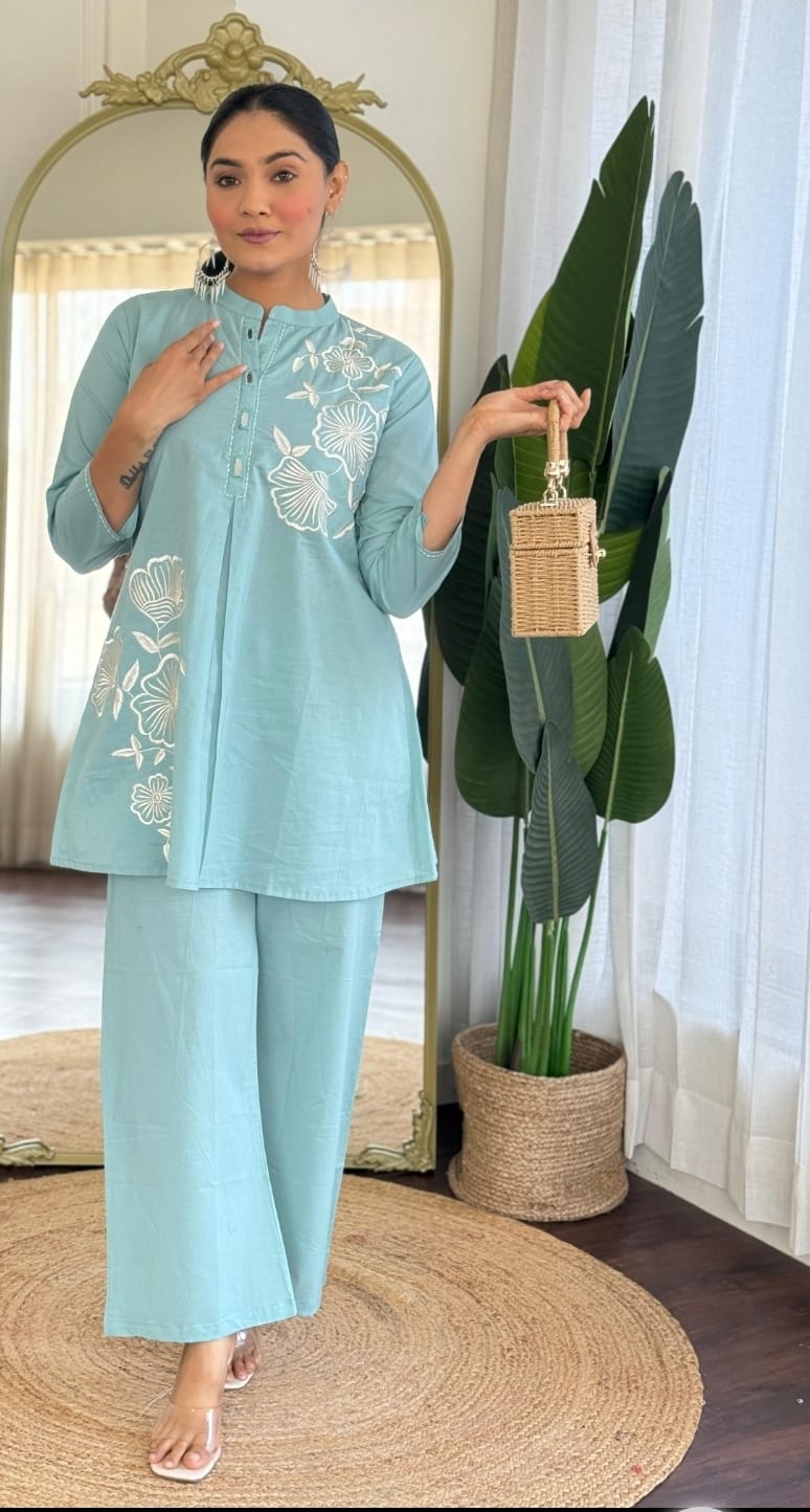 Pure Cotton Co-ord Set| Embroidered Kurti Palazzo Set | Stylish 2 Piece Ethnic Wear | Sizes 38-44