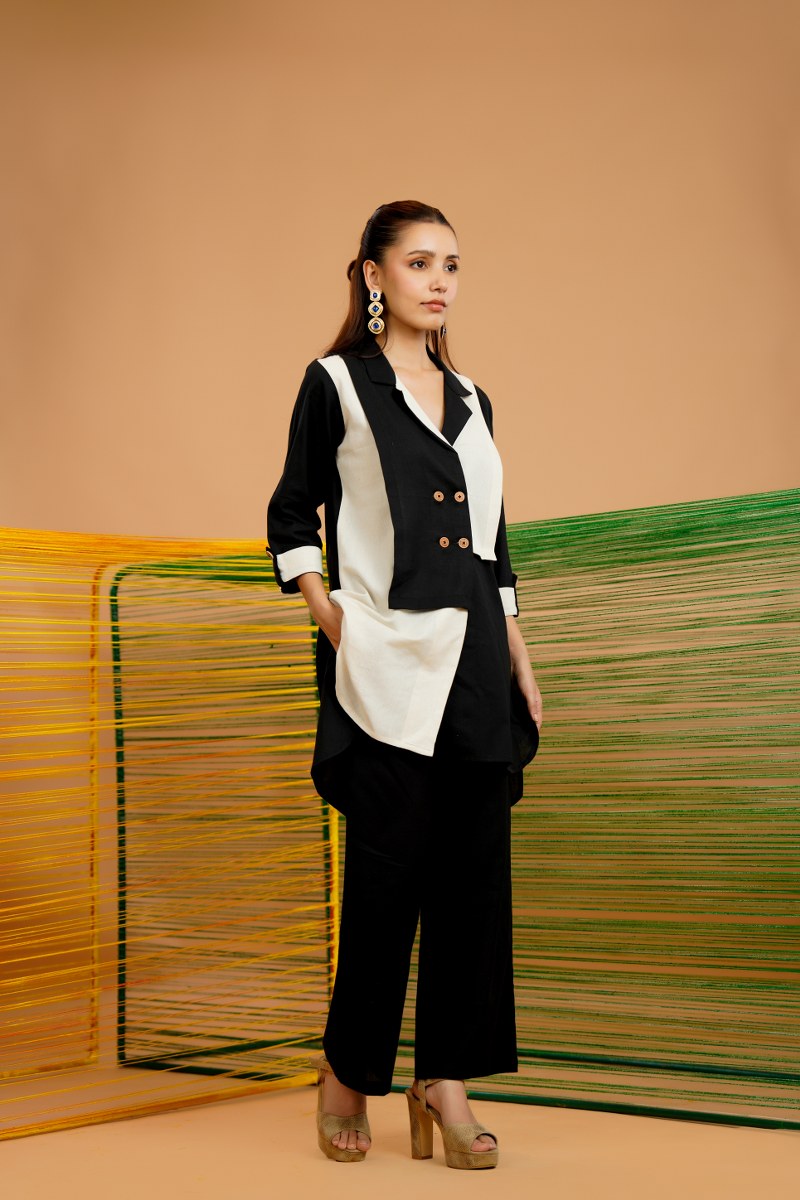 Black & Beige Cotton 3 Piece Co-Ord Set | Designer Blazer Style Top with Pant & Inner | Office & Party Wear