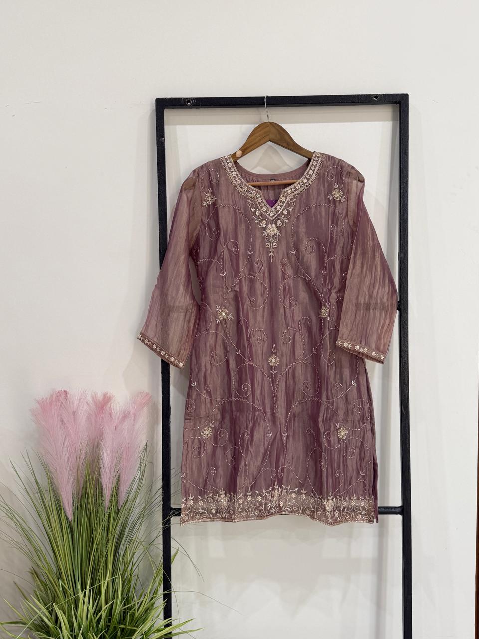 Pure Glass Tissue Short Kurti Set with Divider Pants & Dupatta | Designer Ethnic Party Wear