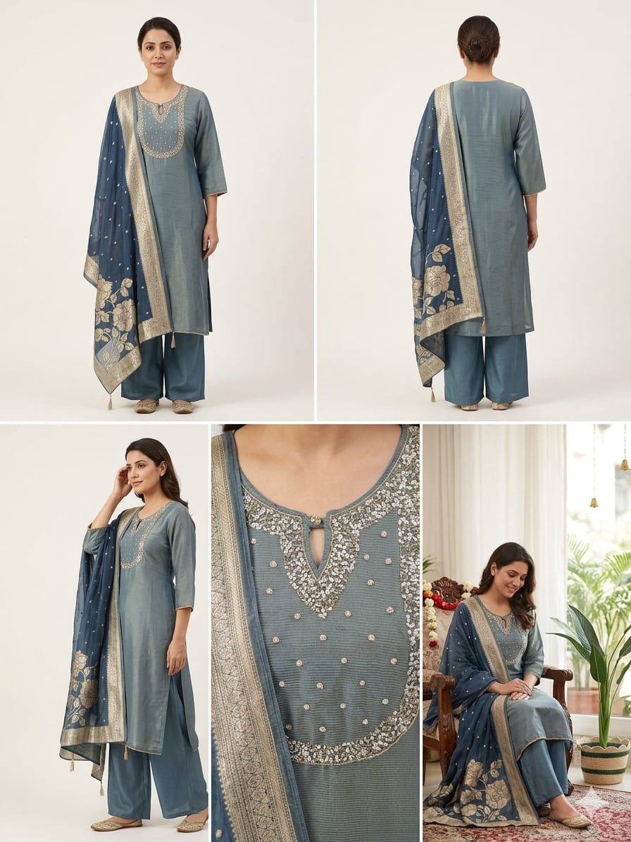 Straight Fit Tissue Kurta Set with Banarasi Dupatta | Heavy Neckline Ethnic Suit