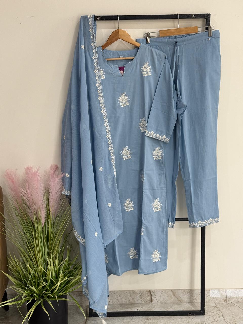 Elegant Blue Embroidered Kurta Set with Dupatta | 3 Piece Ethnic Suit