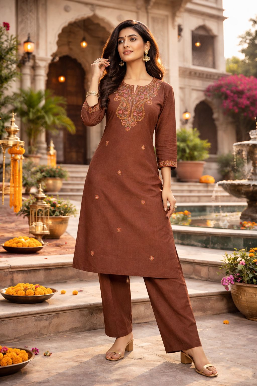 Flex Cotton Kurti Plazo Set – Elegant Embroidered Ethnic Co-Ord Set