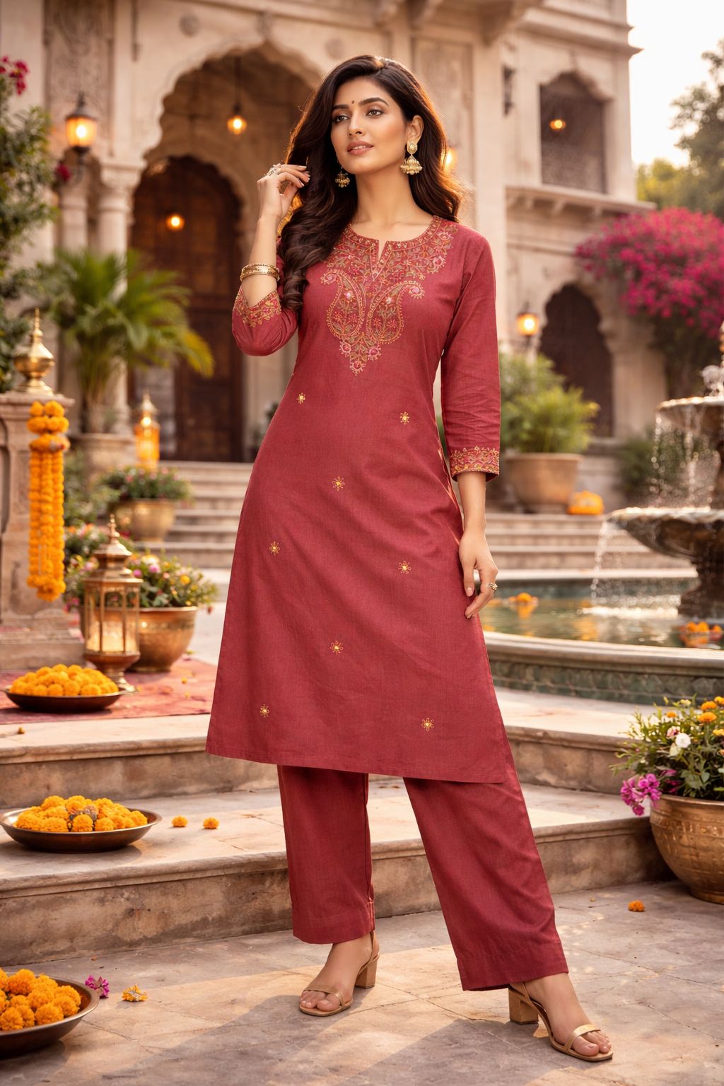 Flex Cotton Kurti Plazo Set – Elegant Embroidered Ethnic Co-Ord Set