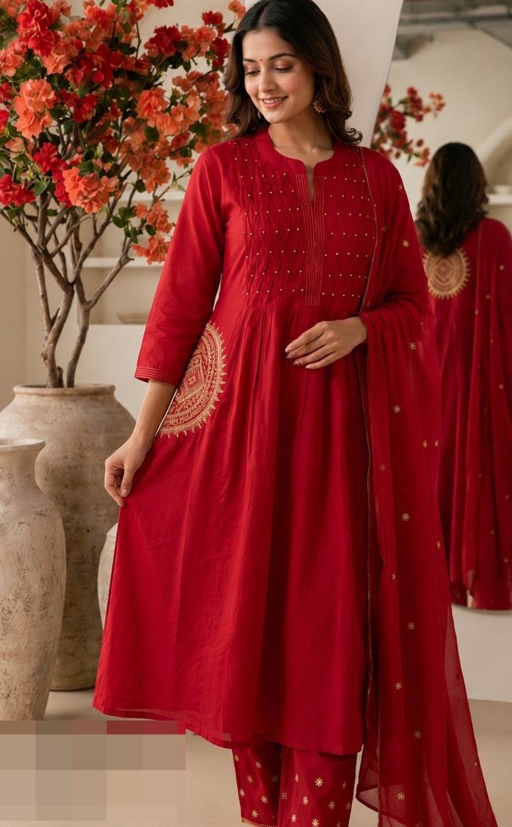 Dark Pink Embroidered Anarkali Kurta Set with Dupatta & Plazo Pure cotton