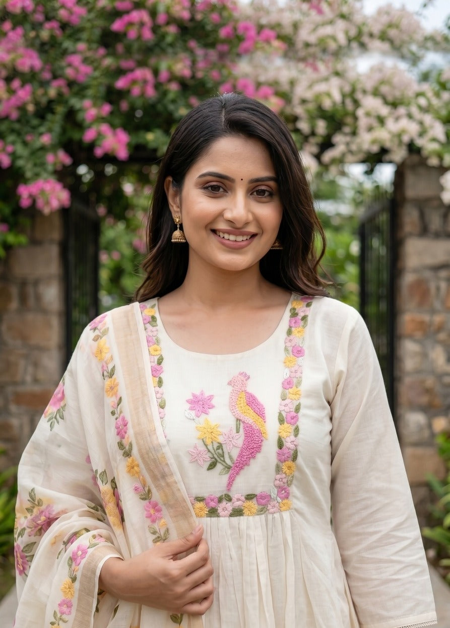 Pure Cotton A-Line Suit Set with Printed Dupatta | Floral Ethnic Wear