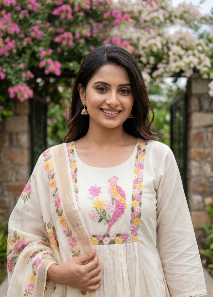 Pure Cotton A-Line Suit Set with Printed Dupatta | Floral Ethnic Wear