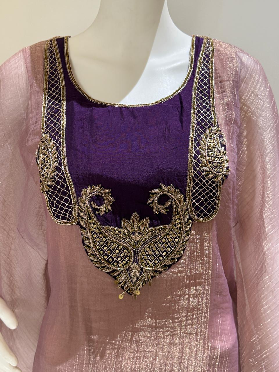Pure Glass Tissue Kaftan Set with Heavy Handwork & Separate Inner | Party Wear Ethnic Co-Ord Set