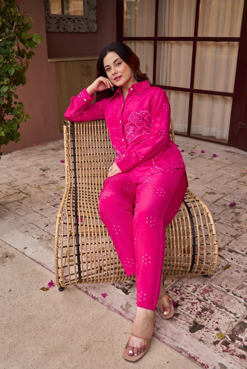 Pure Muslin Silk Co-Ord Set with Lining | Premium Pink Designer Shirt & Pant Set