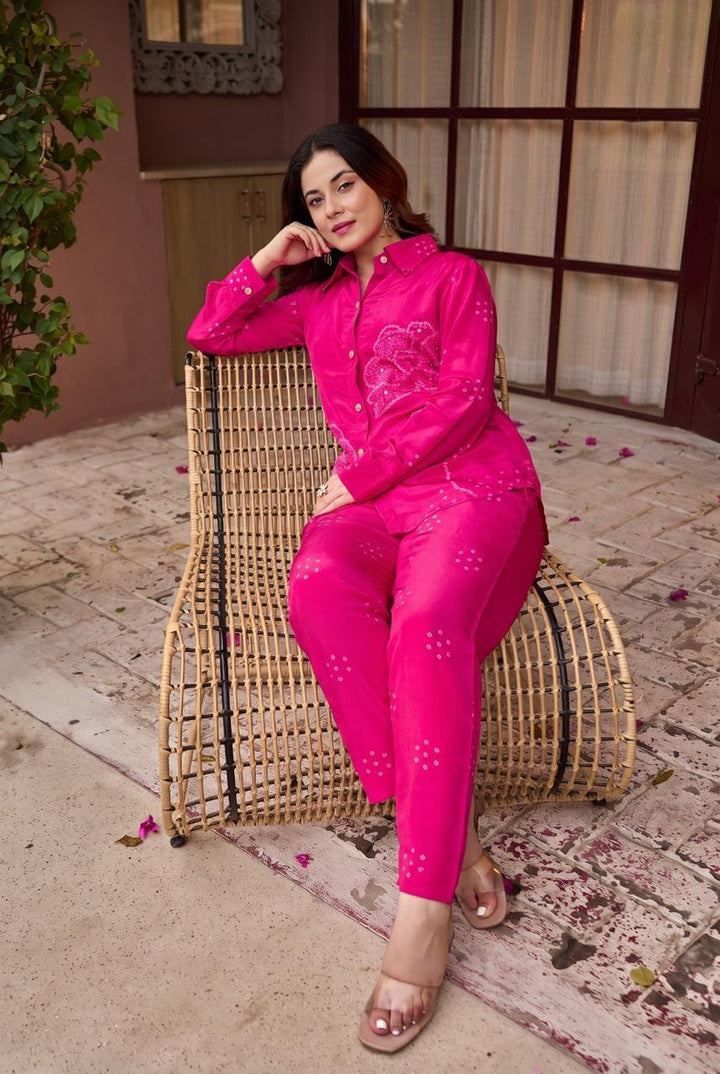 Pure Muslin Silk Co-Ord Set with Lining | Premium Pink Designer Shirt & Pant Set