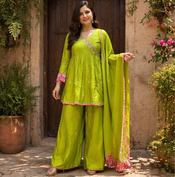 Rashion Silk Angrakha Style Co-Ord Set with Organza Dupatta | Peplum Top & Divider Set