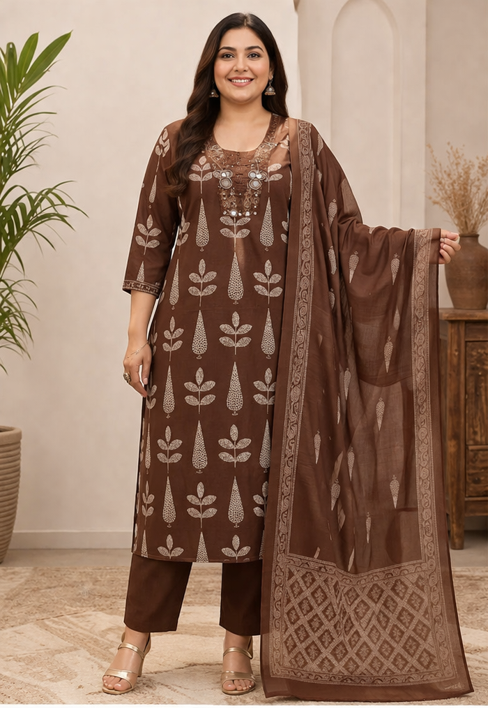 Plus Size Pure Cotton 3 Piece Kurta Pant Set with Dupatta | Ethnic Printed Suit Set (Size 48–52)