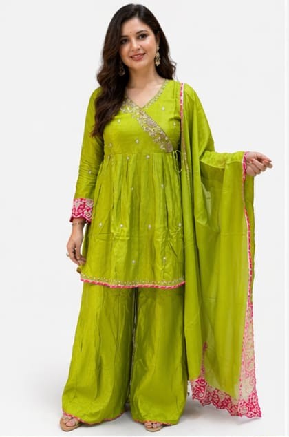 Rashion Silk Angrakha Style Co-Ord Set with Organza Dupatta | Peplum Top & Divider Set