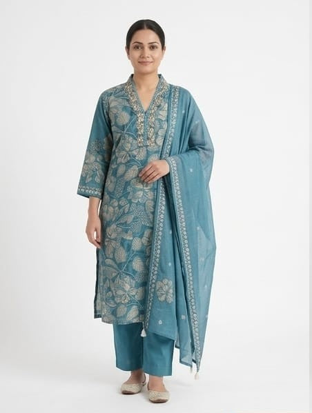 Pure Muslin Kurta Set with Dupatta | Handwork Neckline 3 Piece Ethnic Suit