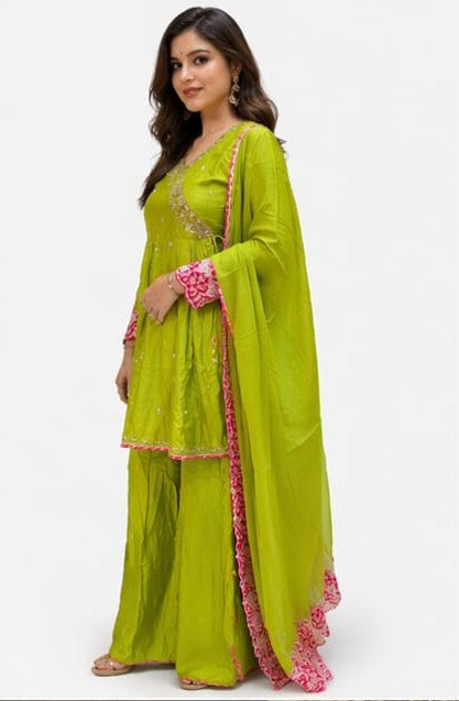 Rashion Silk Angrakha Style Co-Ord Set with Organza Dupatta | Peplum Top & Divider Set