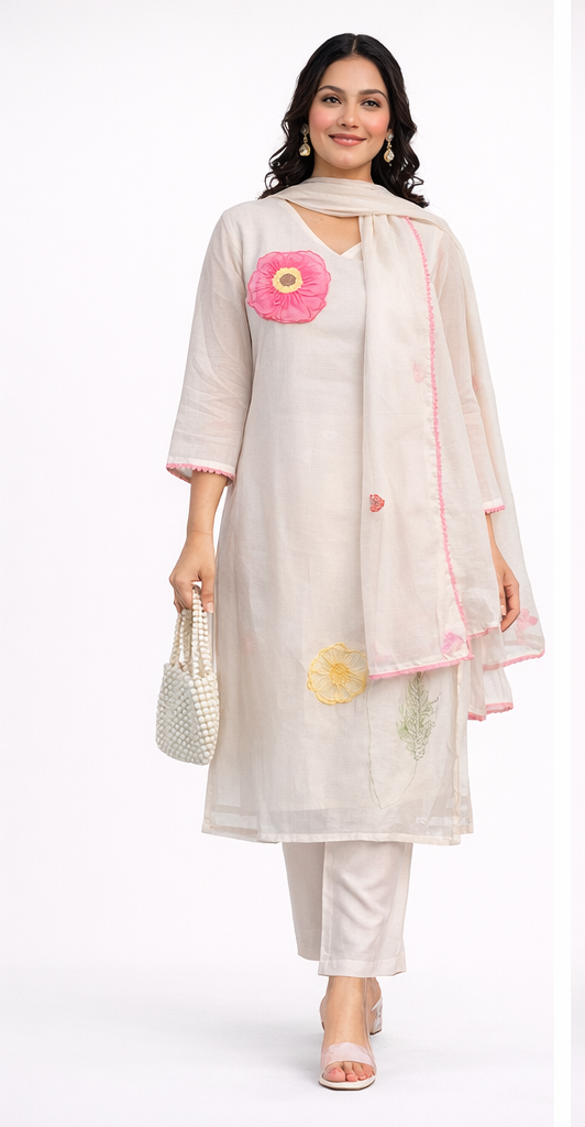 Elegant Cotton 3PC Kurta Pant Dupatta Set with Floral Applique –Festive & Casual Ethnic Wear