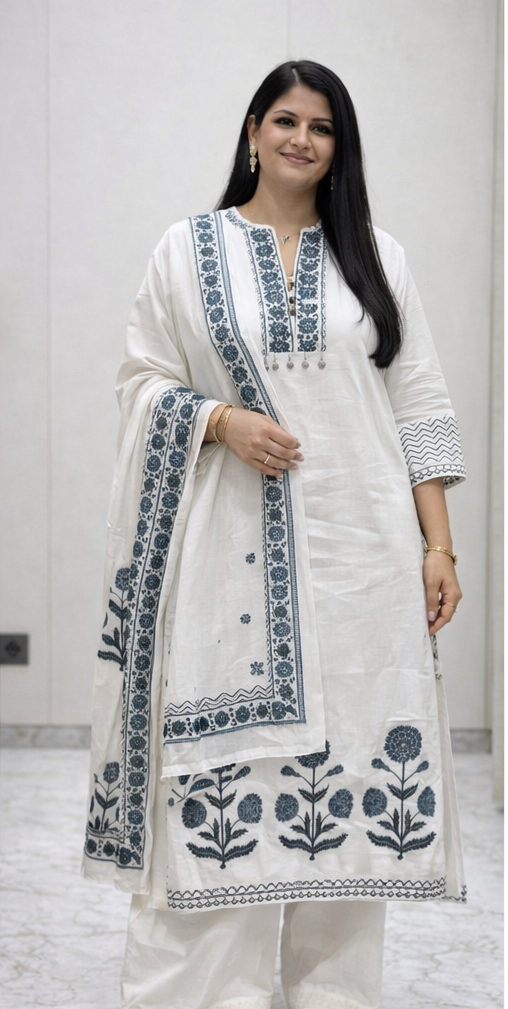 Elegant White Printed Muslin Kurta Set with Dupatta – 3 Piece Women Ethnic Wear