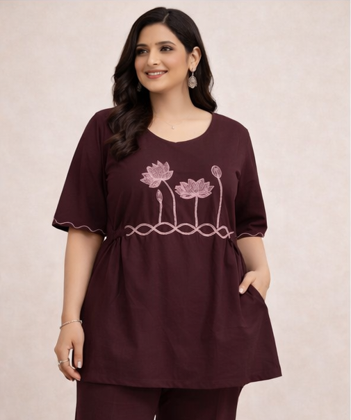 Maroon Cotton 2 Piece Co-Ord Set with Embroidered Top | Designer Kurti, Pant  Festive & Party Wear