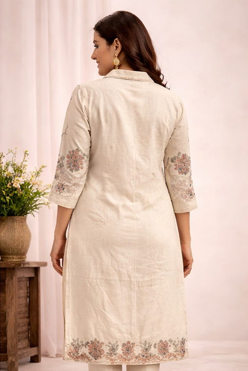 Beige Flex Cotton 3 Piece Kurta Palazzo Dupatta Set with Embroidery – Elegant Ethnic Wear