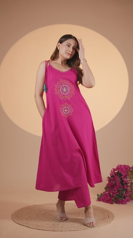 Pure Cotton Pink Noodle Strap Dress| Summer Casual Printed Dress