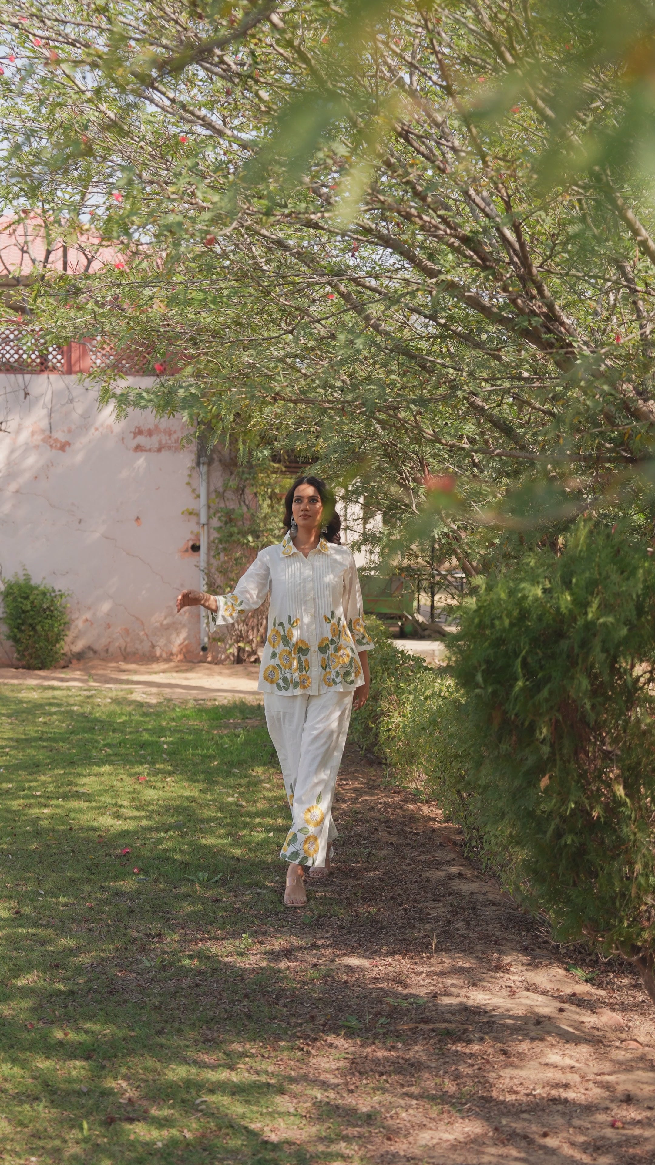 Sunflower Bloom Premium Cotton Co-Ord Set with Heavy embroidery Openable Button