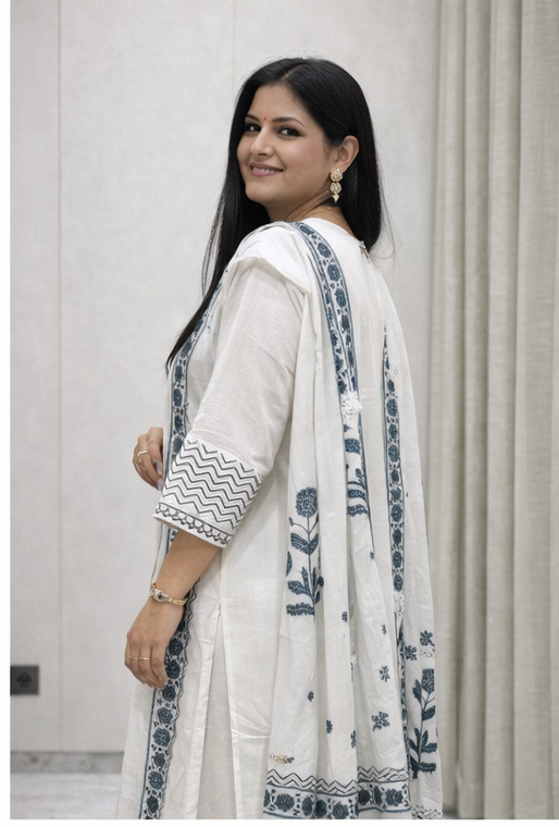 Elegant White Printed Muslin Kurta Set with Dupatta – 3 Piece Women Ethnic Wear