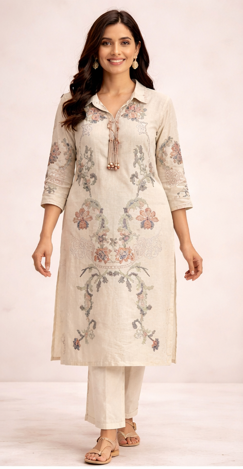 Beige Flex Cotton 3 Piece Kurta Palazzo Dupatta Set with Embroidery – Elegant Ethnic Wear