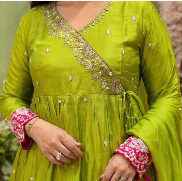 Rashion Silk Angrakha Style Co-Ord Set with Organza Dupatta | Peplum Top & Divider Set