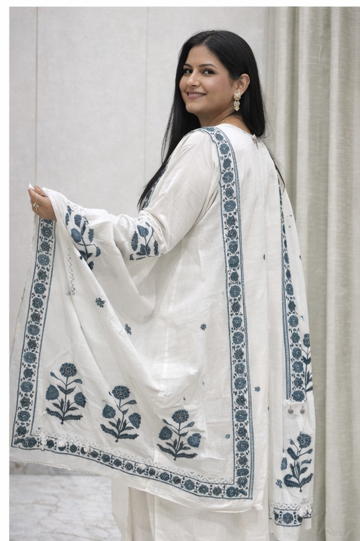 Elegant White Printed Muslin Kurta Set with Dupatta – 3 Piece Women Ethnic Wear